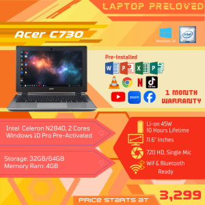 Acer C730 | Windows OS | Intel Celeron N2840 | 4GB RAM | Good for Online class and Office use | Preloved