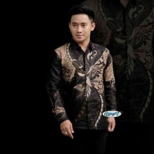 kemeja pria lengan panjang baju batik kantor seragam kerja ukuran reguler - jumbo V neck printing hitam motif