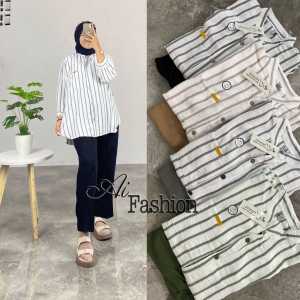 Setelan Crinkle Garis Salur //One set Wanita Terbaru Kekinian Setelan Baju Dan Celana Crinkle Salur Garis