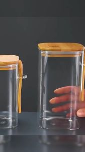 Square Glass Storage Jar With Wooden Spoon Airtight Transparent Food Container for  Kitchen Storage