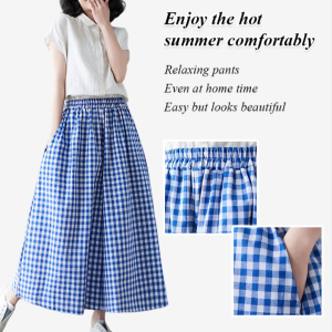 Womens thin section cotton and linen plaid pants