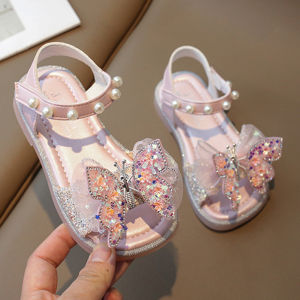 Sandal Anak Perempuan Glitter Butterfly dengan Aksen Mutiara dan Kristal - Slip On Fashion Anak Cewek Sepatu Sandal Pesta Anak Perempuan Sepatu Flat Korean Girl Shoes Fashion (ZH-SS253)