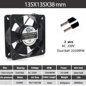 135mm Cabinets Cooling Case Fan AC 230V 135x135x38mm Dual Ball Bearing  AC 220V 240V Computer Case Cooling Fan