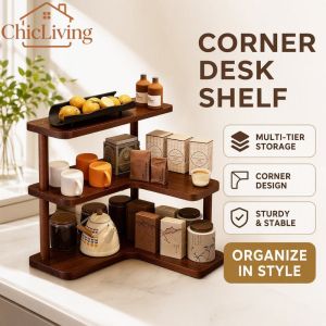 ChicLiving Desktop Corner Shelf Bamboo Three Tier Organizer Rack For Kitchen Tea Coffee Cup Office Storage