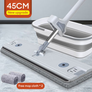New upgrad 45cm big Size Squeeze Mop With Bucket 360 Rotation Fold mop Spin Mop Microfiber Floor Cleaning Flat Mop Free Hand Washing Lazy Mop  Lantai 拖把