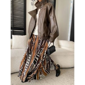 2026 Early Fall New Women Grain Texture PU Leather Stand Collar Oversized Loose Leather Jacket Casual Outerwear