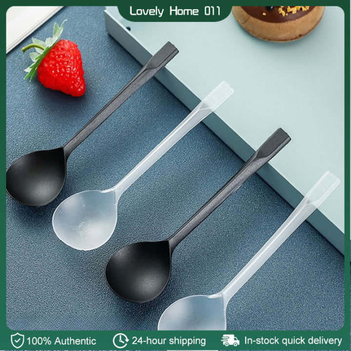 100pcs/Clear/ Black Spoon Disposable Individually Wrapped Yogurt Fast ...