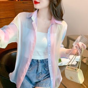 Chili_Koko w208# เสื้อเชิ้ดแขนยาวผู้หญิง ผ้าเบาบางสีรุ่งแฟชุ่นเกาหลี ไส่คลุมเที่ยวทะแล คลุมกันแดด กันUV