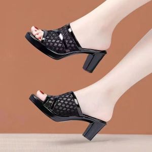 [Free Shipping] High-Heeled Chunky Heel Sandals For Women Mesh Summer Thick-Soled Waterproof Platform Fashionable Large-Size Open-Toe Slip-On Sandals