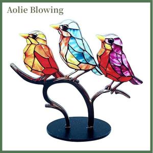 Aolie Stained Acrylic Birds on Branch Desktop Ornaments Double Sided Multicolor Style Birds Craft Statue Desktop Ornaments