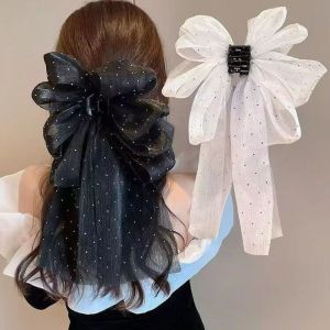Korean Diamond-studded Mesh Silky Ribbon Bow Hairclip Women Back Head Hair Clamp Fashion Hair Accessories