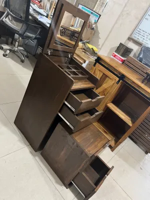 Solid Wood Compact Vanity Cabinet with Multi-Drawer OrganizerMirror and Chair Compartment