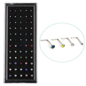 Christmas gift 【AYLMER】 60PCS L Style Rhinestone Nose Ring Bone Stud Steel Jewelry