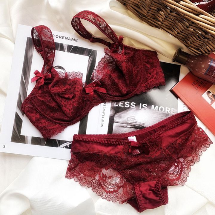 Victoria's Secret Style Red Embroidery Women Bra And Panties Sets Lingerie  Sexy Ultra Thin Transparent Plus Size 40 42 C D Brassiere Underwire Push Up  Floral Lace Girls Underwear Set