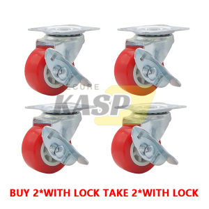 4PCS Caster Wheel 1.5-3 Heavy Duty Red Pvc Swive With Brake Universal Trolley Wheels