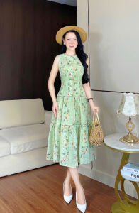 Đầm voan LLis họa tiết hoa phối xanh lá sát nách cổ tròn thích hợp đi dạo đi biển đi làm