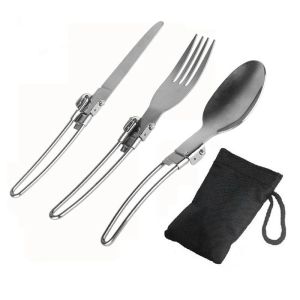 【Local shipment】Foldable Cutlery 3 in 1 Camping Spoon with Storage Bag Ultralight Utensils for Backpacking Hiking Camping 3pcs/set Stainless Steel Portable Folding Spoon and Fork Travel Outdoor Fork Spoon Set Folding Tableware Swiss Cutlery