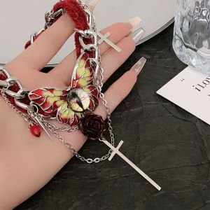 [fenggongshuode] Vintage Y2K Necklace For Women Fashion Velvet Butterfly Tassel Crystal Collar Neck Chain Gothic Chains