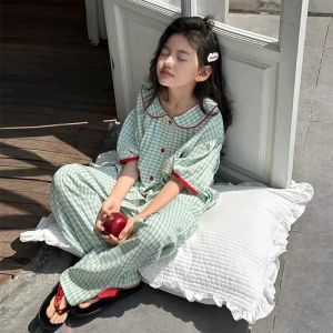 Girls Summer Ice Silk Short Sleeve Loungewear Set with Doll Collar for Home Outdoor and Air Conditioning Wear2026