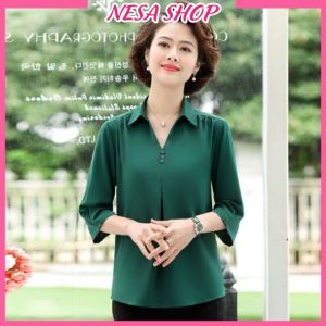 Áo lụa trung niên dài tay cao cấp tặng mẹ form rộng tay lỡ cổ sơ mi cách điệu Nesa SMH.59
