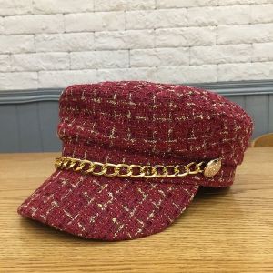 ALENADAY - Topi Wanita Terbaru Korea Style Topi Baret Navy Rantai Kotak Segi Delapan Vintage HAT18