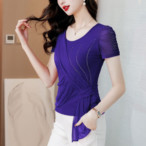 YIMEI Fashionable womens short sleeved shirt with a slim fit and red round neck mesh top featuring a stylish and diamond studded t-shirt for mothers