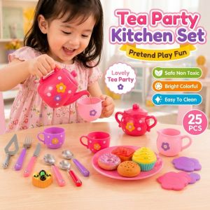 Kids Tea Set Toy Teapot Cup Tray Pretend Play Kitchen Role Play Durable Plastic Gift
