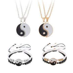 Minwen 2Pcs Tai Chi Yin Yang Couple Bracelets Necklaces Set Pendant Adjustable Braid Chain Bracelet Matching Lover Bracelets Choker