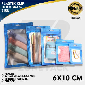 [6x10cm] 10 PCS Plastik Klip Hologram Flat Warna Biru | Ziplock Hologram Foil | Plastik Klip Kemasan Aksesoris