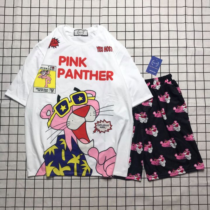 Set Đồ Bộ In Hình Chú Báo Hồng- the pink panther cartoon 3D Cute DB45-Lapi VN Áo+ Quần Đùi Vải Thun Cotton Thoáng Mát