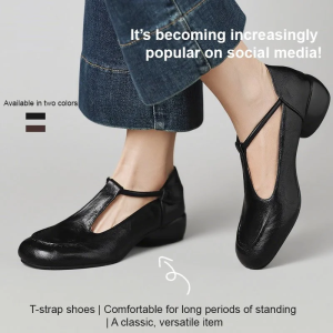 Womens Autumn Round Toe Soft Bottom Comfortable Chunky Heeled Single Shoes One Strap Single Shoes