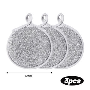 3pcs Multifunctional Double-sided Sponge Steel Wire Cleaning Wiper Reusable Silver Wire Dishwashing Pot Rust Removal Scouring Pad Home Kitchen Cleaning Tool