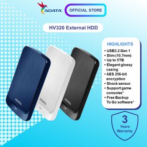 ADATA HV320 USB3.2 EXT HDD SLIM (10.7mm) 1TB/2TB - BLACK/BLUE/WHITE