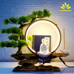Tượng Phật gốm sứ và Đèn Led vòng kệ cây trang trí phong khách bàn trà (Tặng kèm 5 phụ kiện) - GIÁ SỐC