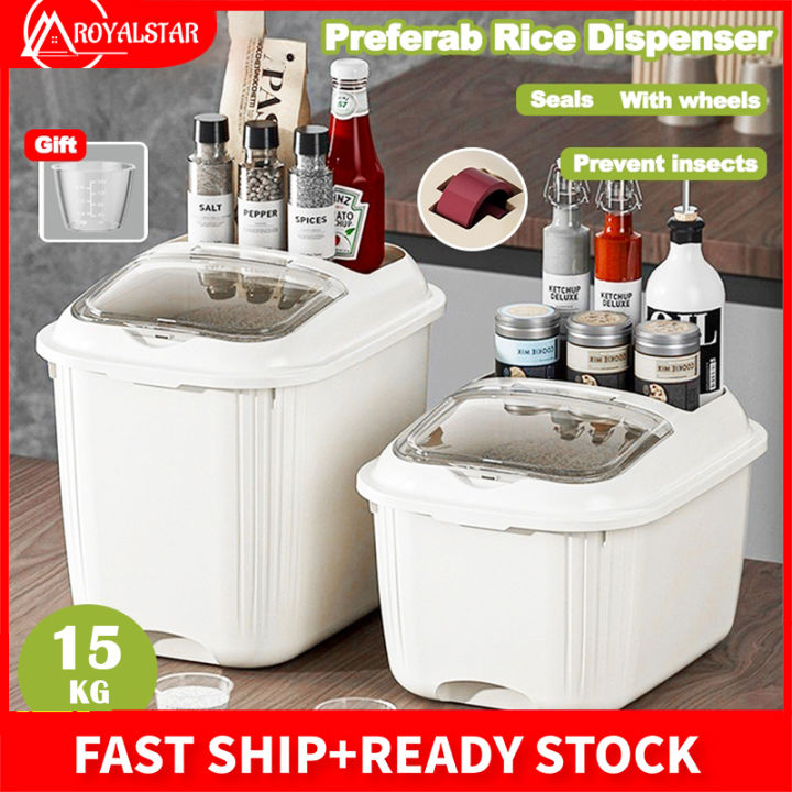 Royalstar 5/10/15KG Rice Dispenser with Wheels Large Rice Storage Box Kitchen Rice Bucket Preferab Rice Storage Insect-Proof Rice Container