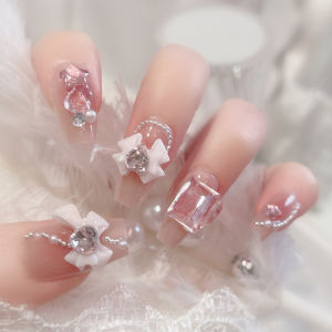 Blush Pink False Nails Bowknot Diamond Pearl 3D Design Tekan pada Tips Kuku dengan Kuku Tepi Halus Tidak Berbahaya Wanita DIY Kuku Palsu
