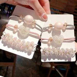 3Pcs/set Pink Pearls Beads Crystals Balls Scrunchie Elastic Women Girls Heart Geometric Hair Rope Cute Korean Fashion Hair Accessories