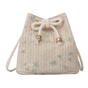 Hand-woven Straw Bucket Bag for Women Cute Mini Shoulder Bag Casual Messenger Bag Drawstring Crossbody Bag Travel Bag