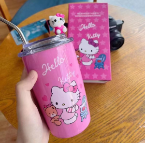450ml Disney Thermos Cup Bottle Cartoon Bear Coffee Cup Cute Vacuum bottle Straw Desk Mugs Girls Gift Mickey Hello Kitty Stitch Strawberry Bear Flask