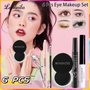 LAMEILA 6 Pcs Eye Makeup Set MINSHZEE Waterproof Eyeliner Cream+Sweat Resistant Eyebrow Pencil+long Curling Mascara+Pearlescent Eye Shadow Stick+Eyelash Curler Clip+makeup Brush