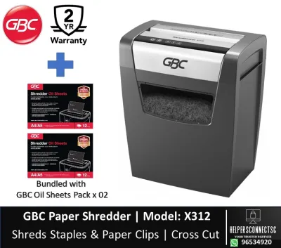 GBC X312 Shredder. Maximum 12-13 sheets of paper per pass. 23 litre bin holds up to 200 sheets. Easy lift off head for emptying. Safety Mark Approved. 1 Year Warranty