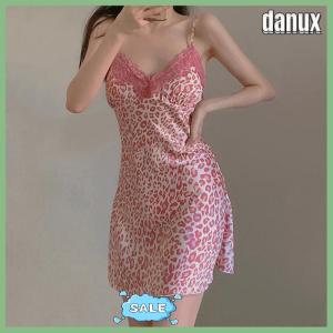 danux Lace Womens Nightdress Girl Leopard Print Sleepwear Silk Pijama Sling Nightwear Homewear