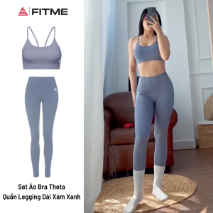 Bộ quần áo tập gym nữ Fitme áo bra 2 dây Theta quần legging dài chất liệu thun co giãn 4 chiều Xám Xanh