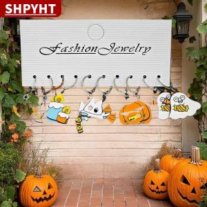 [COD] SHPYHT TOY 5 10Pairs Halloween Earrings Set Cute Pumpkin Skull Ghost Kitten Earring Cartoon Spooky Gothic Trendy Women Accessories Gifts