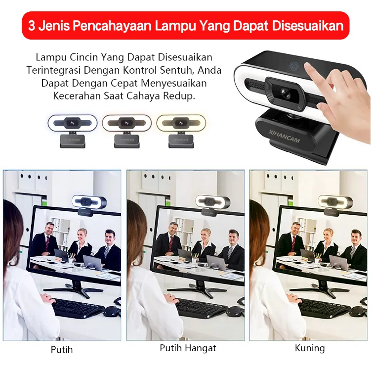 XIHANCAM 3Led Ring Light Webcam Laptop 1080P USB Kamera Webcam PC Live  Streaming With Mic Untuk Zoom