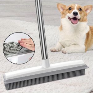 Pet Hair Remover Soft Push Rubber Broom Bristles Carpet Sweeper with Squeegee Lint Remover Broom Cat Fur Remover 去毛刷 硅胶扫把