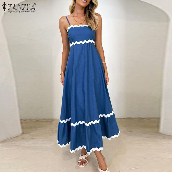 ZANZEA Women Holiday Square Neck Long Dress A-Line Sleeveless Stripe Lace  Patchwork Fashion Slip Dresses #0113 | Lazada Singapore