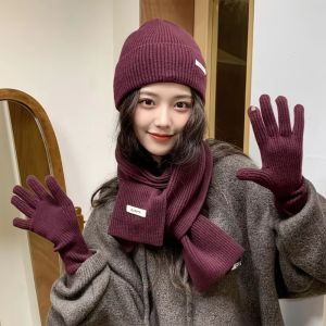 PURETEN Red Hat Scarf Gloves Set Warm Cotton Ear Protection Winter Beanie Hats   Year Knitted Woolen Cap Christmas Gift