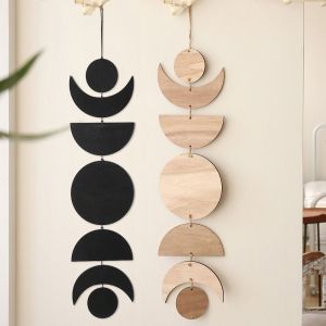 MIKE DUNBAR Cotton Rope Creative Simple Hand Woven For Living Room Sunmoon Home Decoration Moon Phase Garland Wood Chip Pendant Celestial Ornament Wall Decor Wooden Pendant