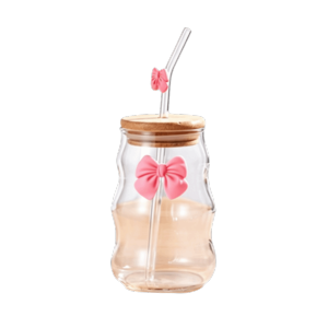 SKJK Bow-Knot Glass Cup with Lid Wavy Design Transparent Juice Cup Valentines Day Gift With Straw Striped Glass Cup Home